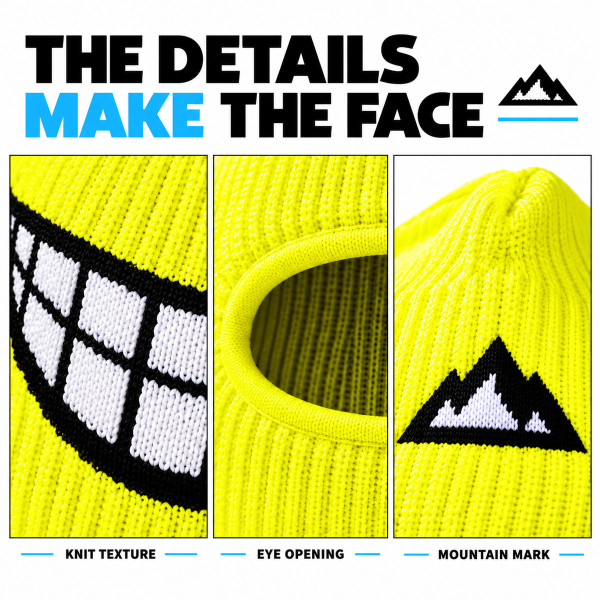 Alpine Grin Hood knit texture, eye opening and mountain mark