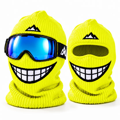 Frostface Alpine Grin Hood in Acid Volt, shown with and without goggles