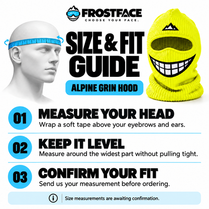 Frostface size and fit guide: how to measure head circumference; size measurements awaiting confirmation