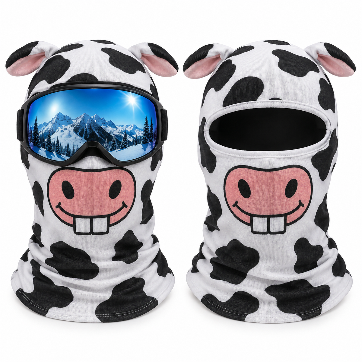 Frostface Derpy Cow Hood with and without ski goggles