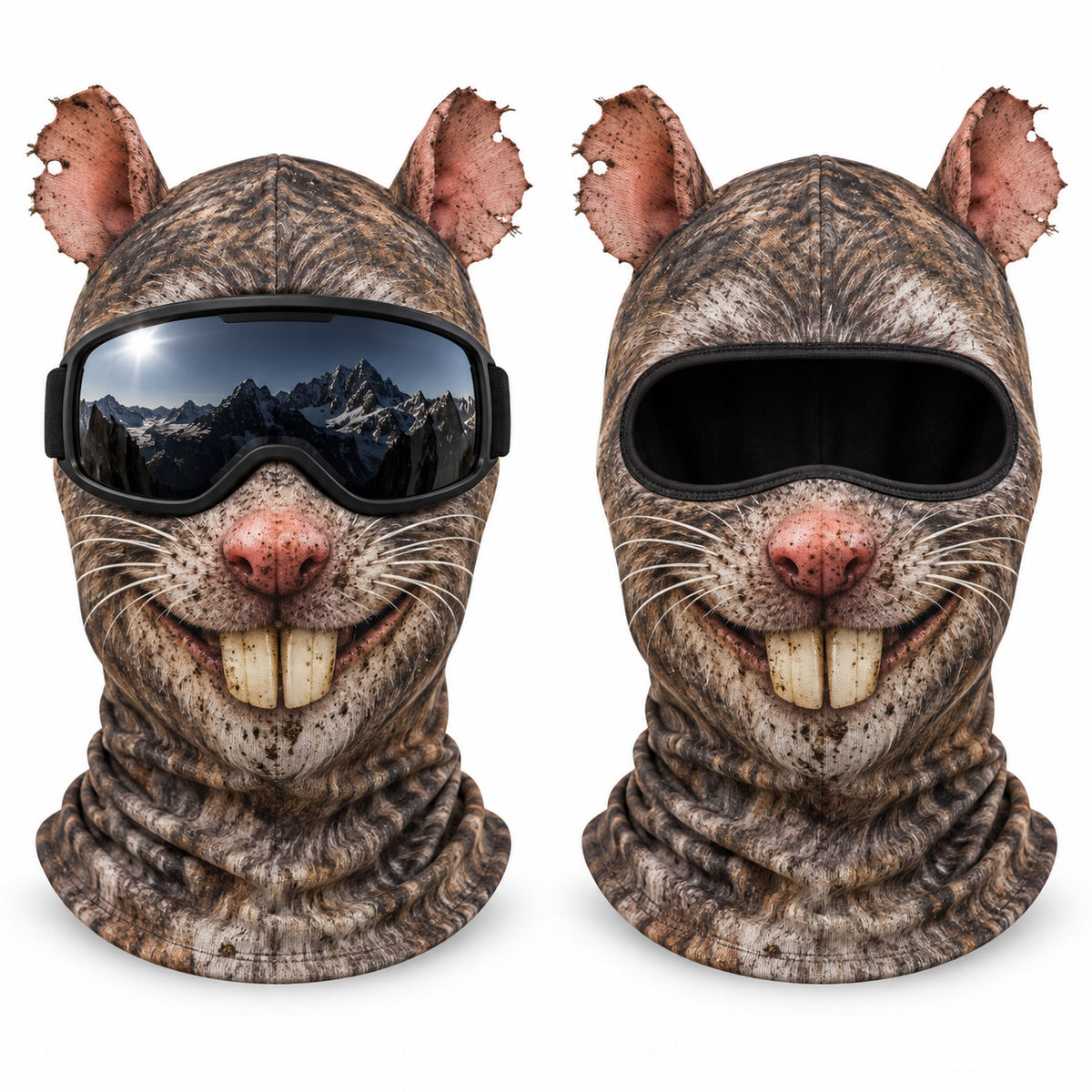 Frostface Dumpster Rat Hood with and without ski goggles