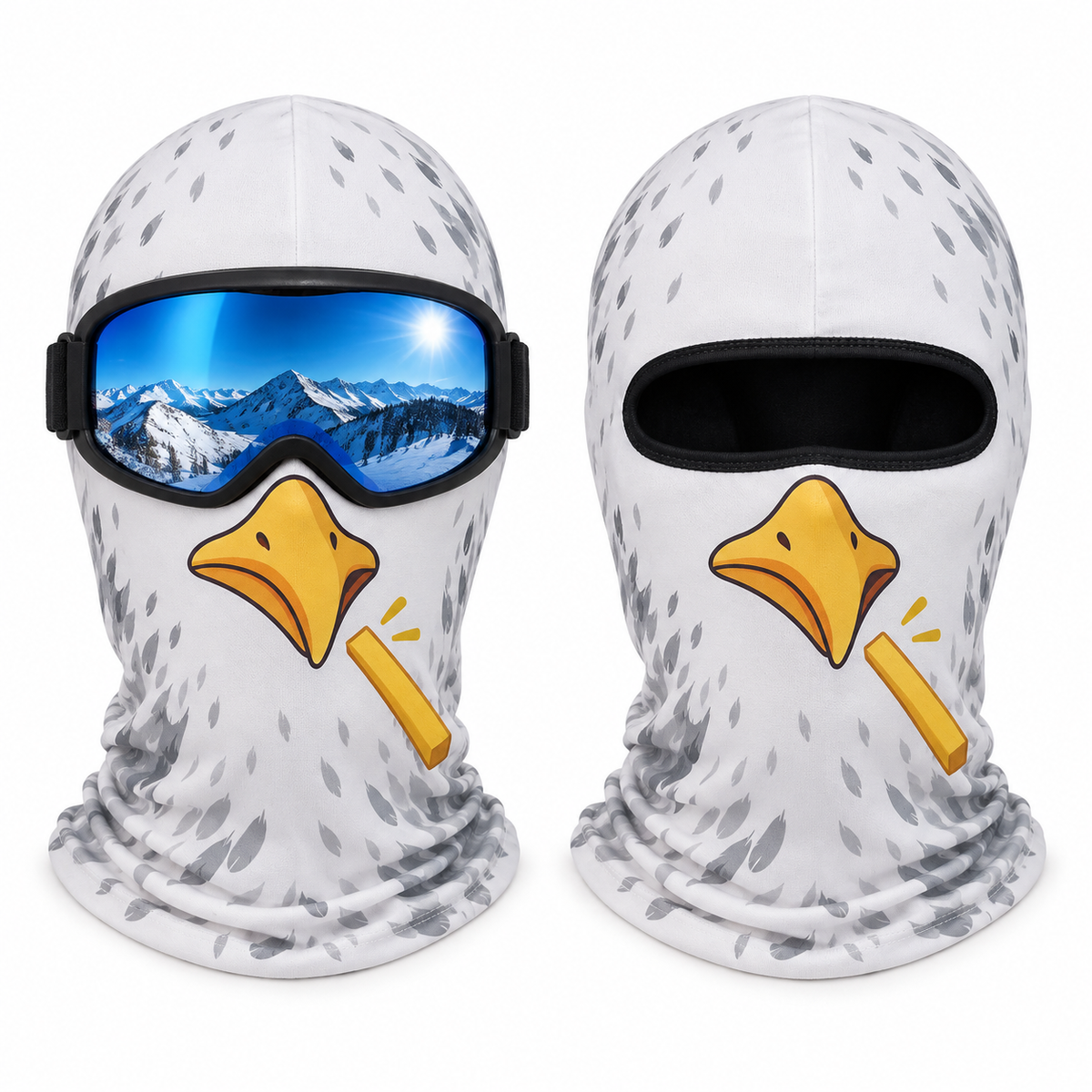 Frostface French Fry Seagull Hood with and without ski goggles