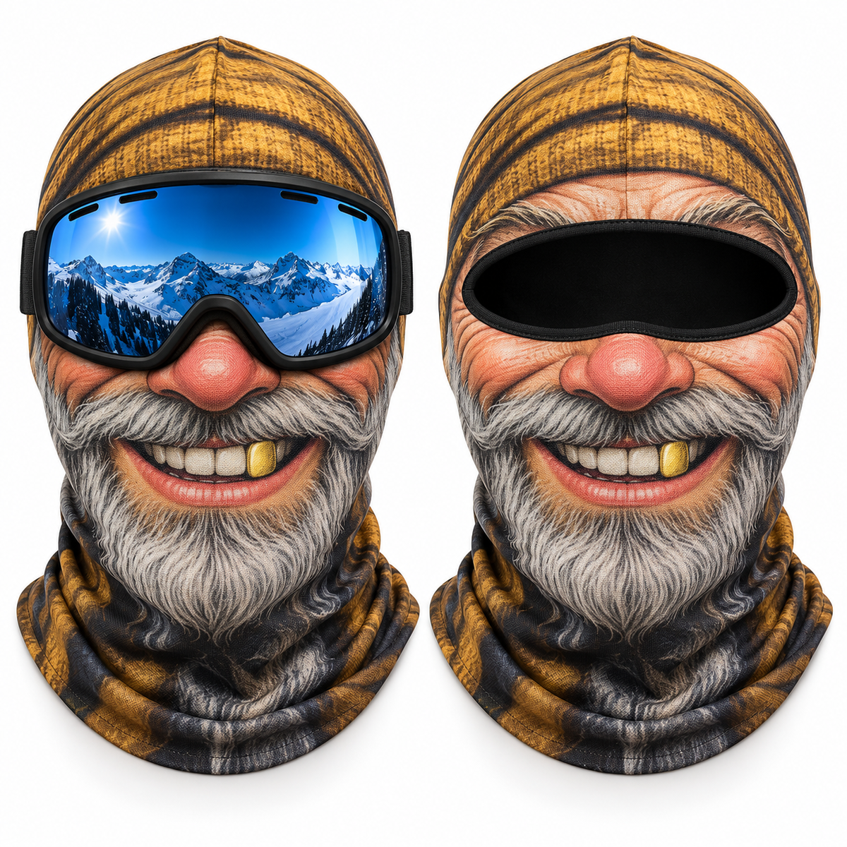 Frostface Gold Cap Gus Hood with and without ski goggles