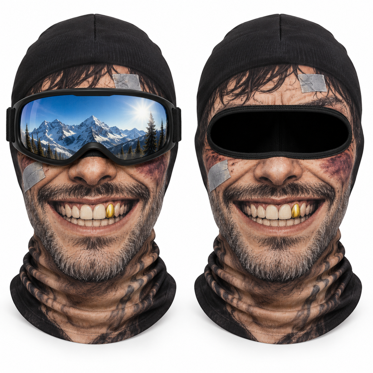 Frostface Gold Tooth Lou Hood with and without ski goggles