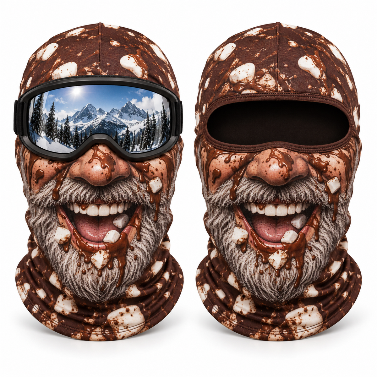 Frostface Hot Cocoa Hank Hood with and without ski goggles