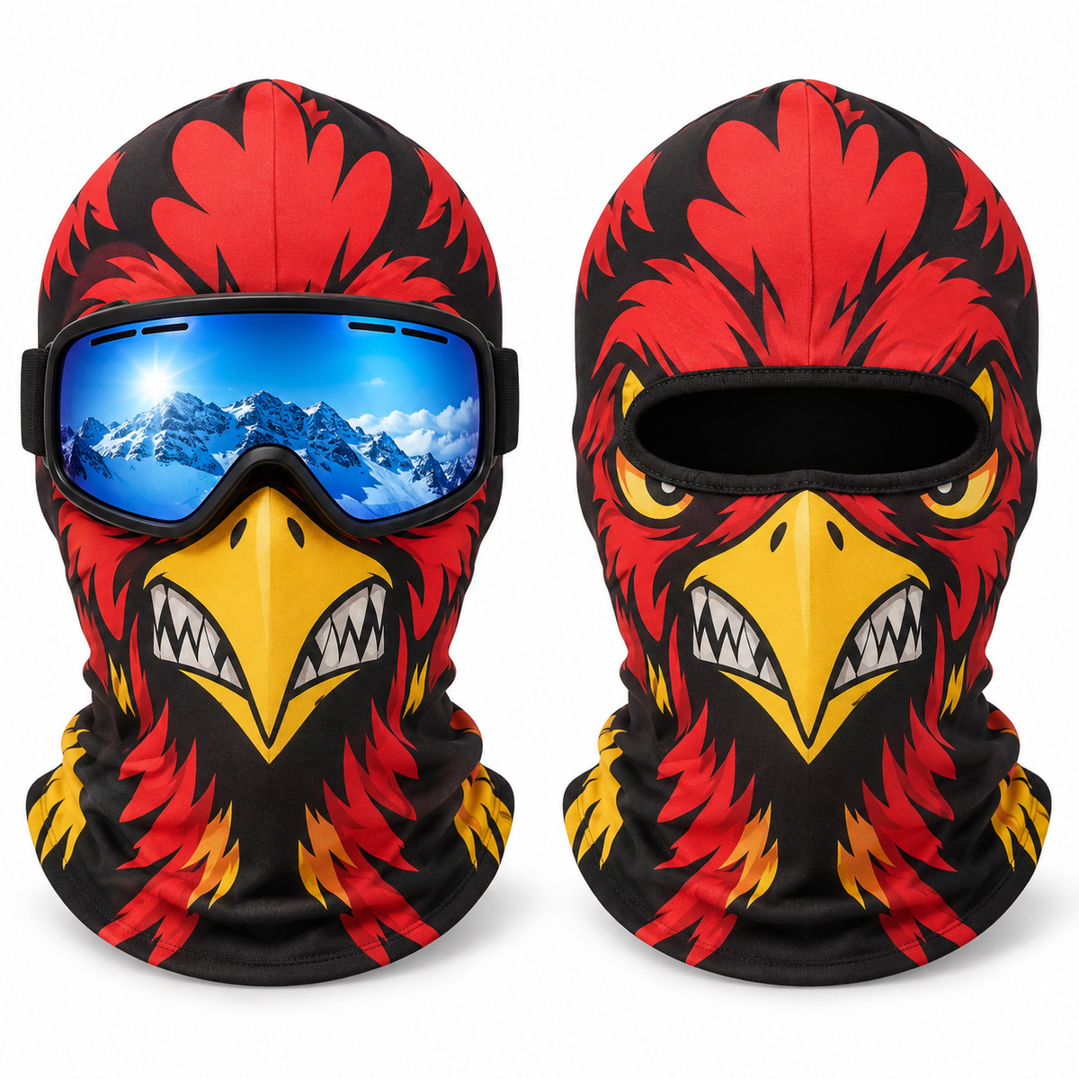 Frostface Mad Rooster Hood with and without ski goggles