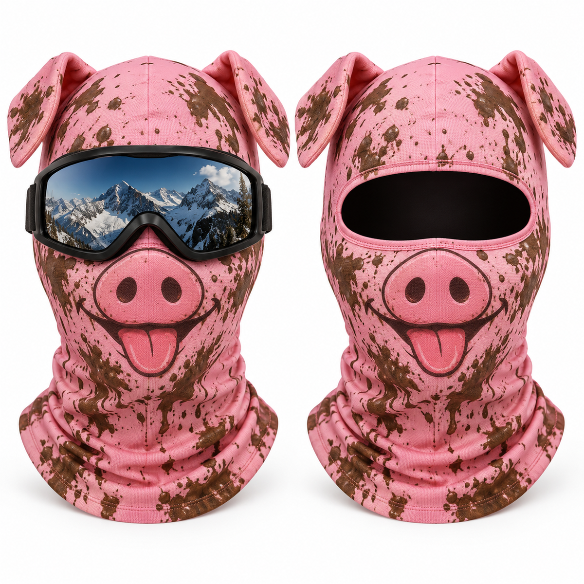 Frostface Mud Pig Hood with and without ski goggles