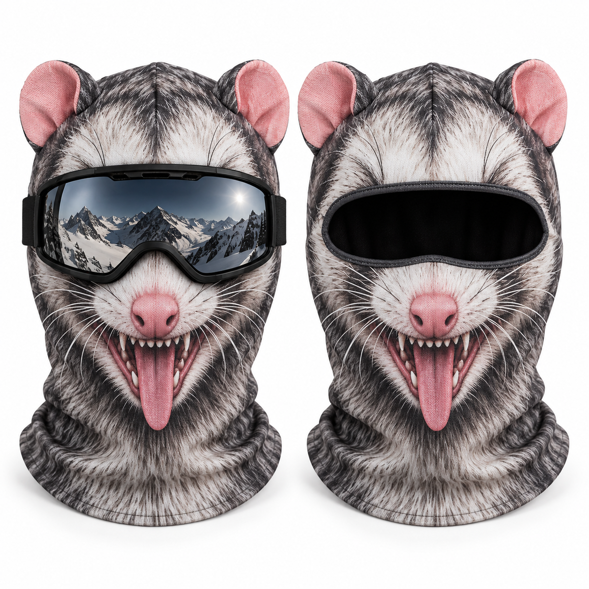 Frostface Possum Panic Hood with and without ski goggles