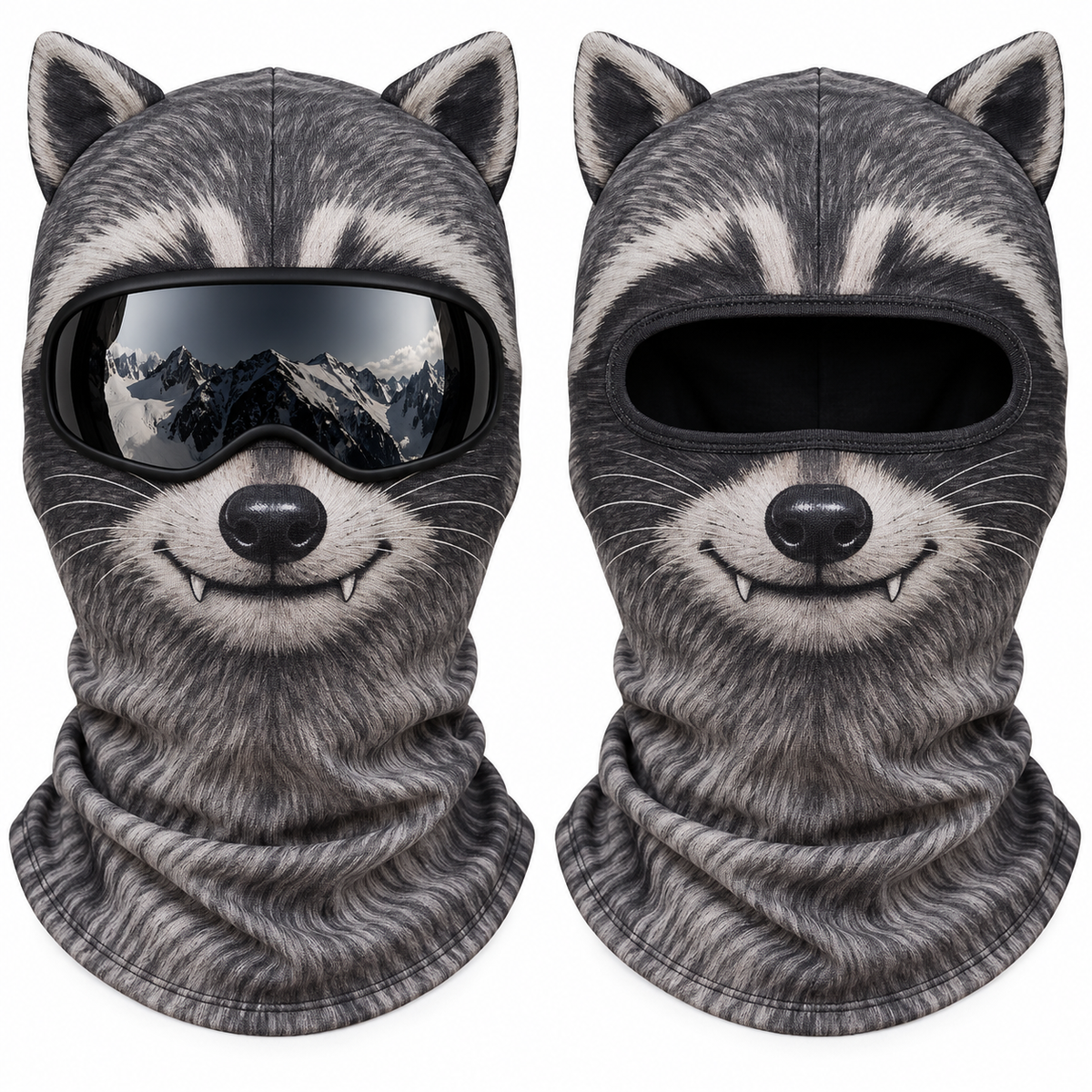 Frostface Raccoon Bandit Hood with and without ski goggles