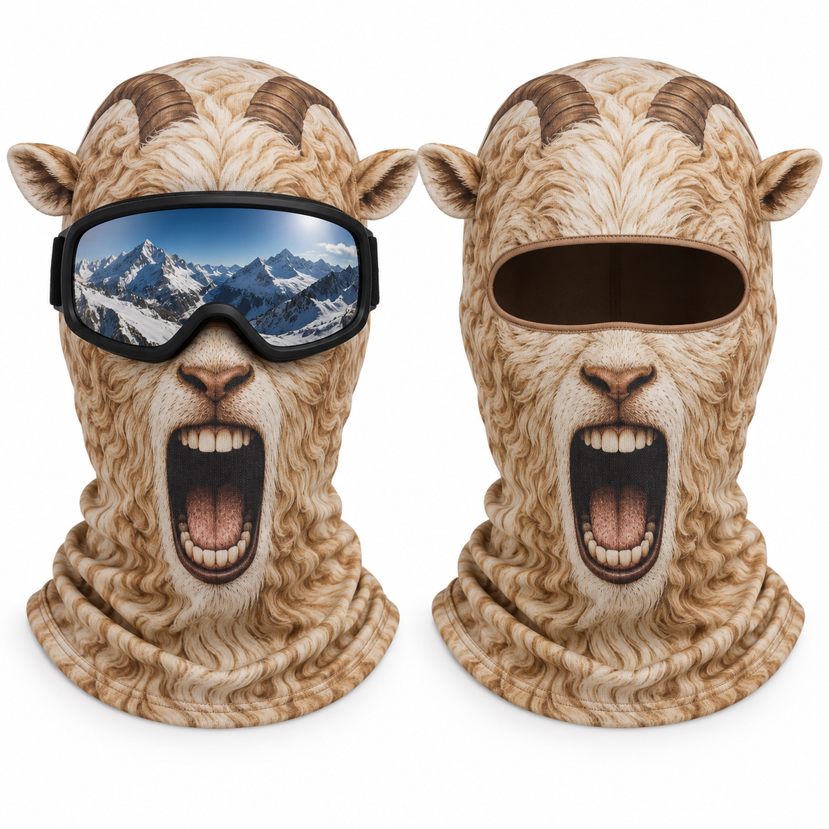 Frostface Screaming Goat Hood with and without ski goggles
